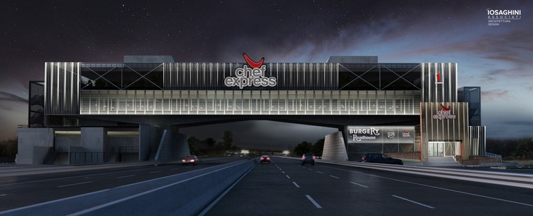 Iosa Ghini Associati neue Autobahnraststätte in Brückenbauweise in Novara
