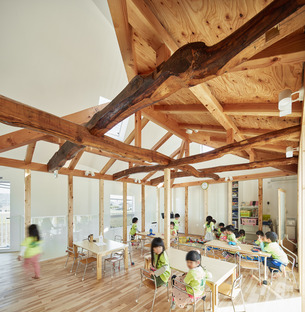 Der Kindergarten in Okazaki von MAD aus Holz und Asphaltfliesen.
